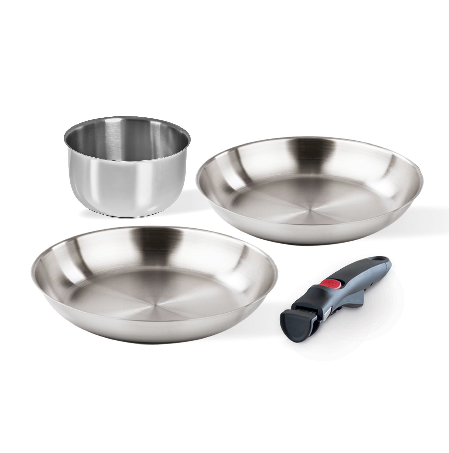 Stainless steel cookware set - 2 frying pans 24/28 cm, 1 saucepan 16 cm + detachable handle 