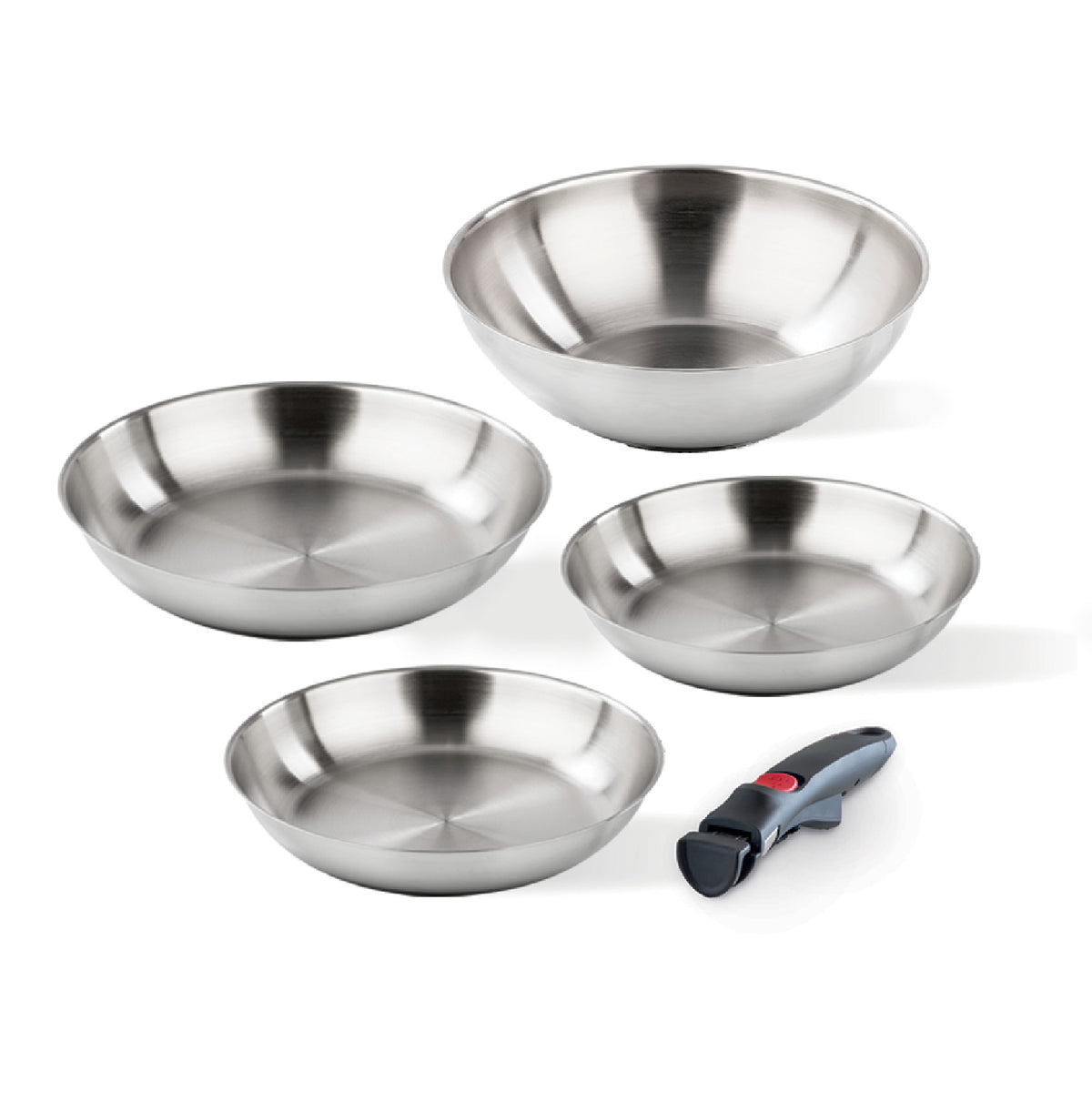 Set 4 pezzi acciaio - padelle 20/24/28 cm, Wok 28 cm + manico staccabile