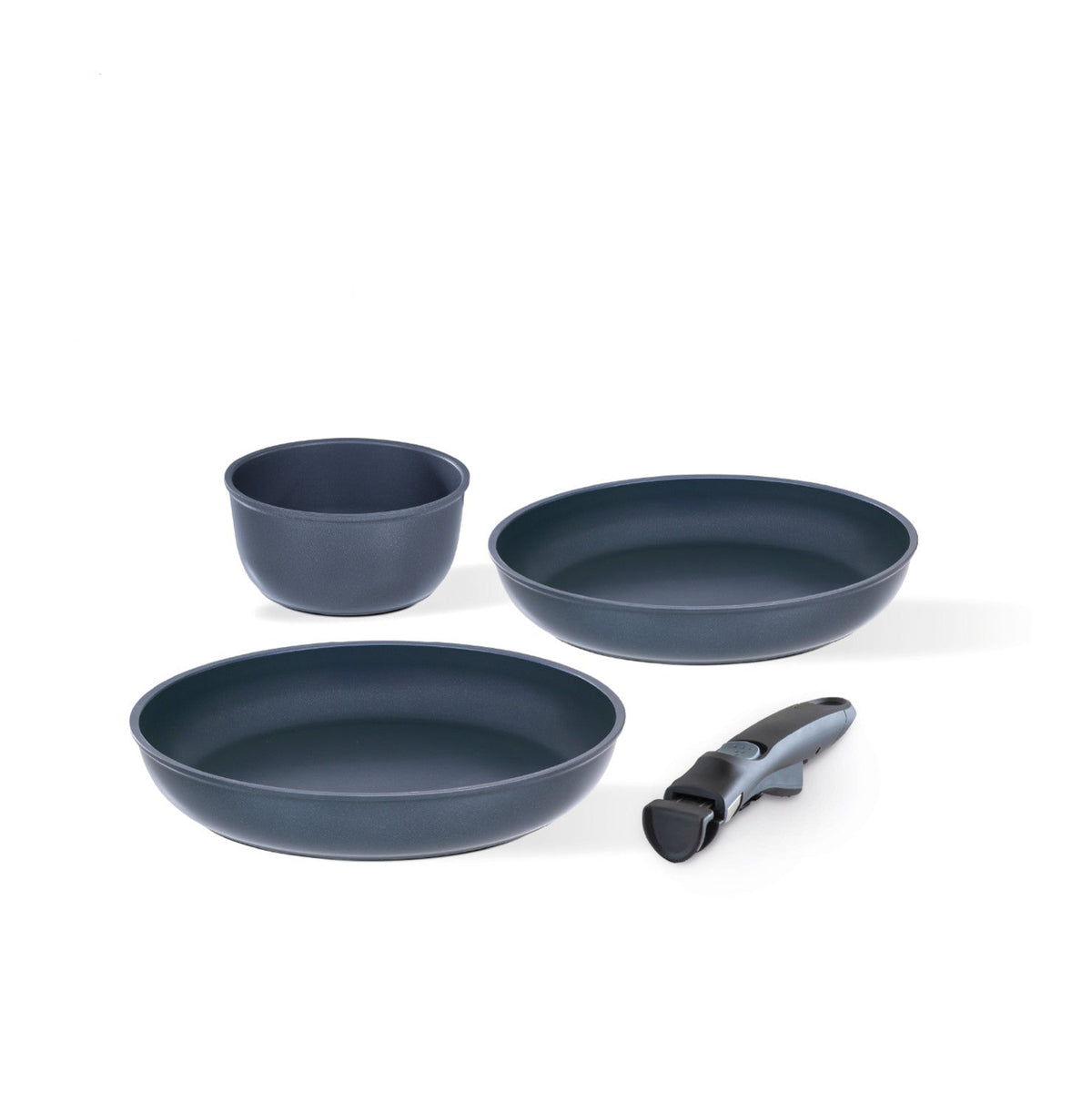Set 2 padelle cm 24/28, casseruola 16 cm + manico staccabile