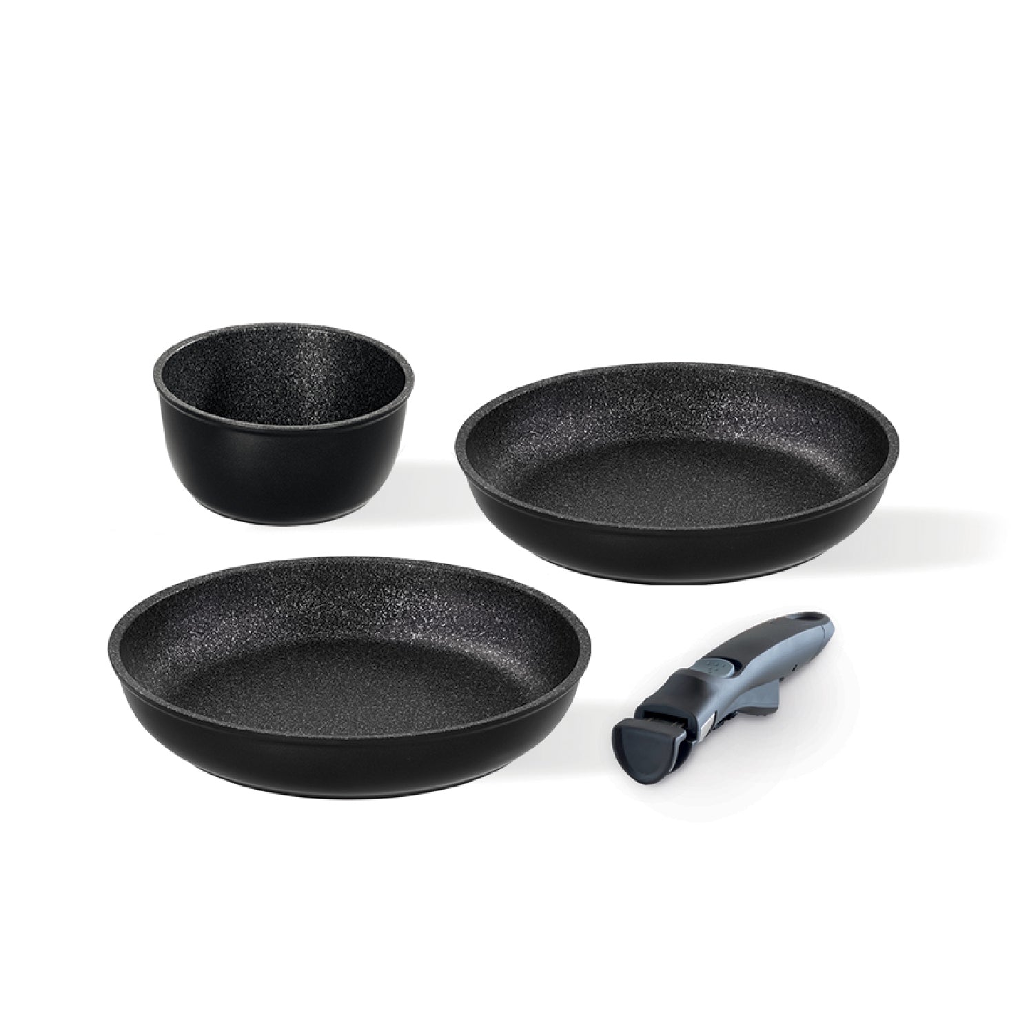 Set antiaderente 3 pezzi - 2 padelle 24/28 cm, 1 casseruola 16 cm + manico staccabile